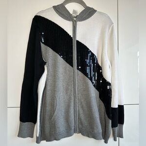 CJ Banks Zip Up Knit Sweater Sequins Black White Gray 1X Athleisure Cruise